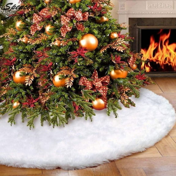 Spencer White Solid Print Non Woven Plush Faux Fur Trim Carpet Christmas Tree Skirt, 35.4" x 35.43"