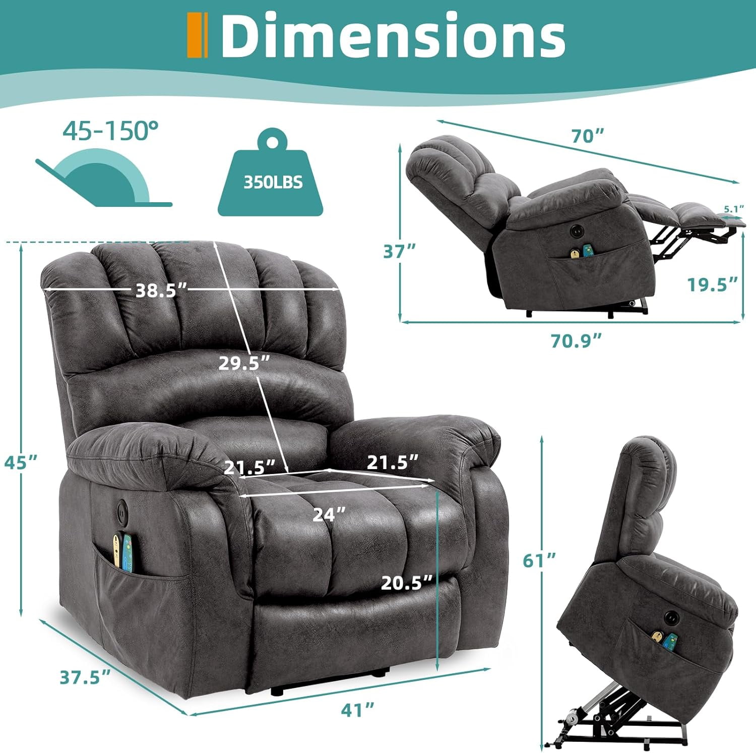 MEETWARM Large Power Lift Electric Recliner Chair with Extended Footrest for Elderly, Big and Tall Lift Chair for Seniors Reclining Chair for Living Room with Massage and Heated,USB Ports(Gray)