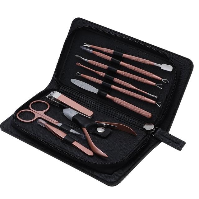 10 unids/set cortaúñas de acero inoxidable tijeras de manicura Kit de aseo (funda de cuero negro)