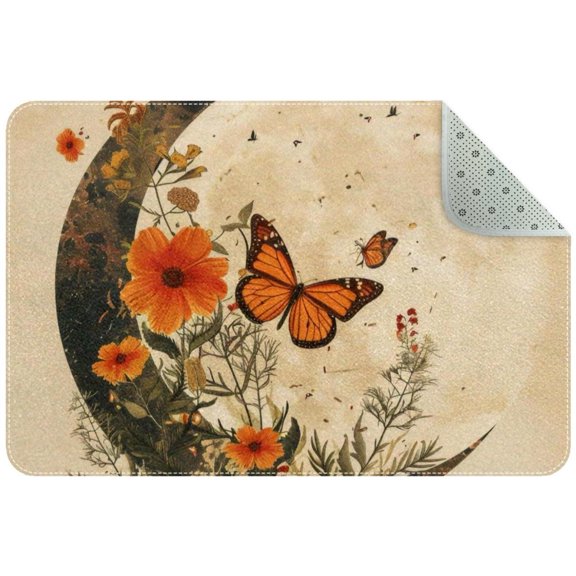 Vintage Orange Butterfly Moon Flowers Small Area Rug, Non-Slip Door Mat Indoor Floor Mat, Washable Kitchen Rug Entrance DMat for Bedroom Living Room