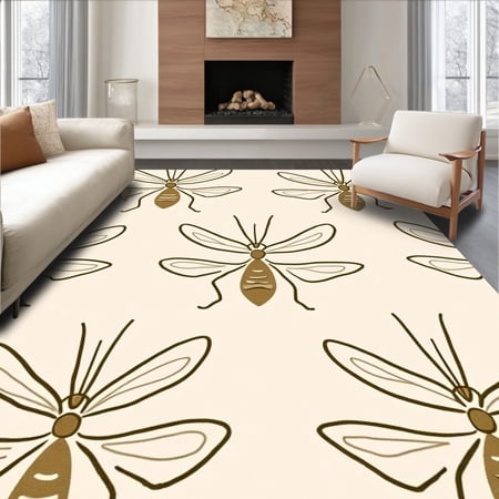 ODIKA 4'x6' Machine Washable Non-Slip Area Rug, Fluttering Insect Symphony Minimalist Avant garde Decorative High Traffic Rug, Beige, 454208