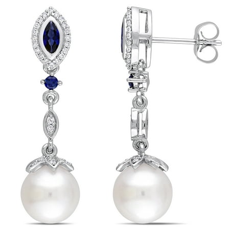 Tangelo 8.5-9mm White Cultured Freshwater Pearl, 1/3 Carat T.G.W. Created Blue Sapphire and 1/5 Carat T.W. Diamond 10kt White Gold Dangle Earrings