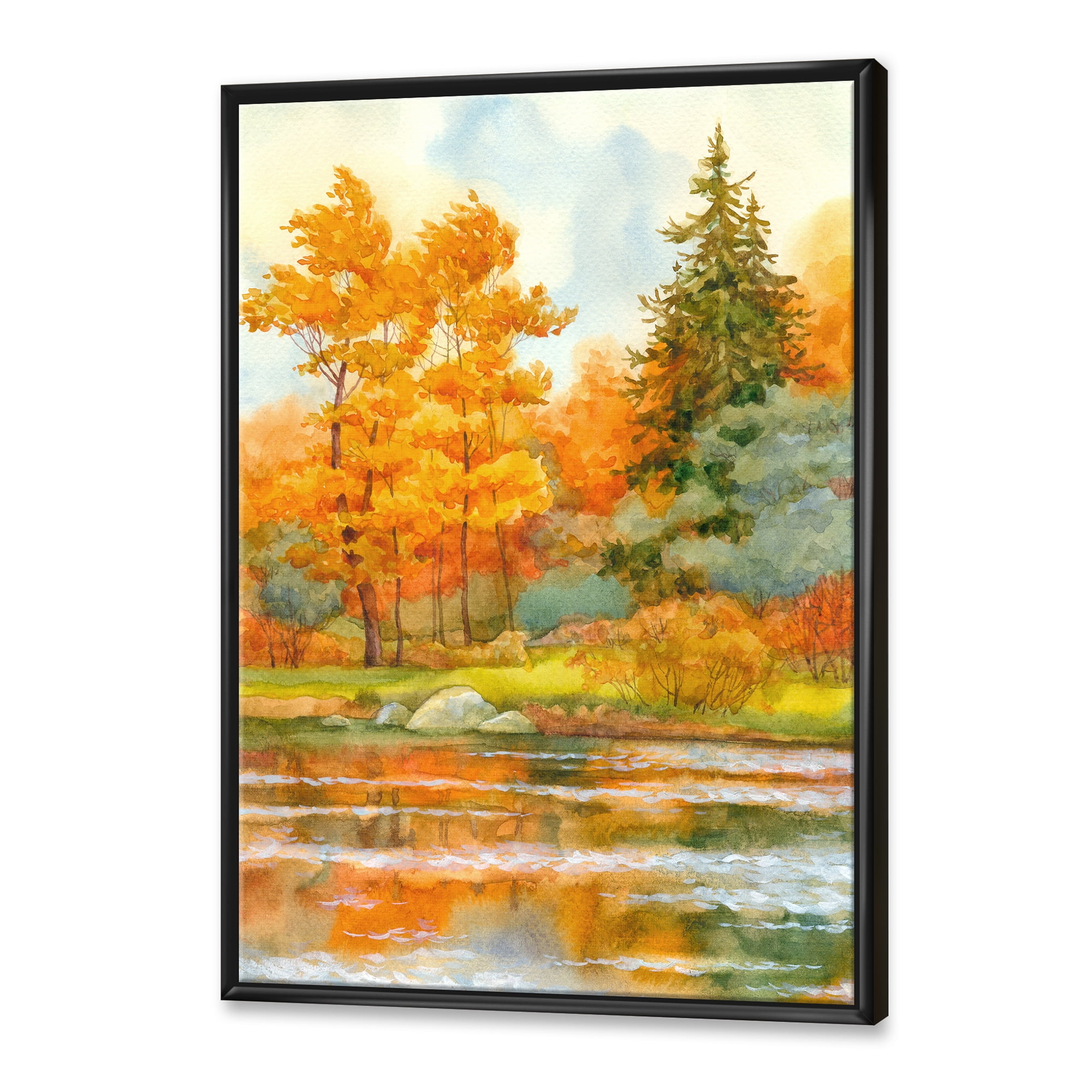 Autumn Forest By The Lake Side IV 16 in x 32 in Framed Painting Canvas Art Print, by Designart