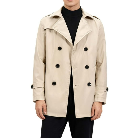 Aueoeo Men's Short Trench Coat Turndown Collar Long Sleeve Coat Casual Button Up Solid Color Outwear Jackets