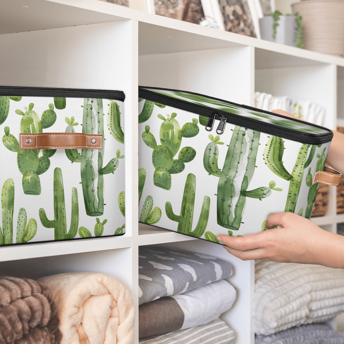 CURLYOOT Green Cactus Fabric Storage Bins with Lids, Cute Cactus Foldable Storage Boxes Washable Storage Cube, Closet Bedroom Home Organizer Containers with PU Leather Handles