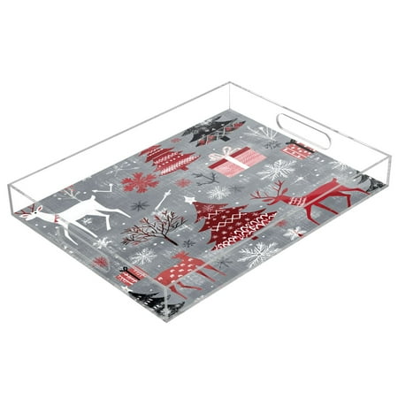 

WOBOGO Acrylic Serving Trays 15.7x11.8 Inch Spill Proof Clear Decorative Organizer with Handle Red and White Christmas Tree Patterns