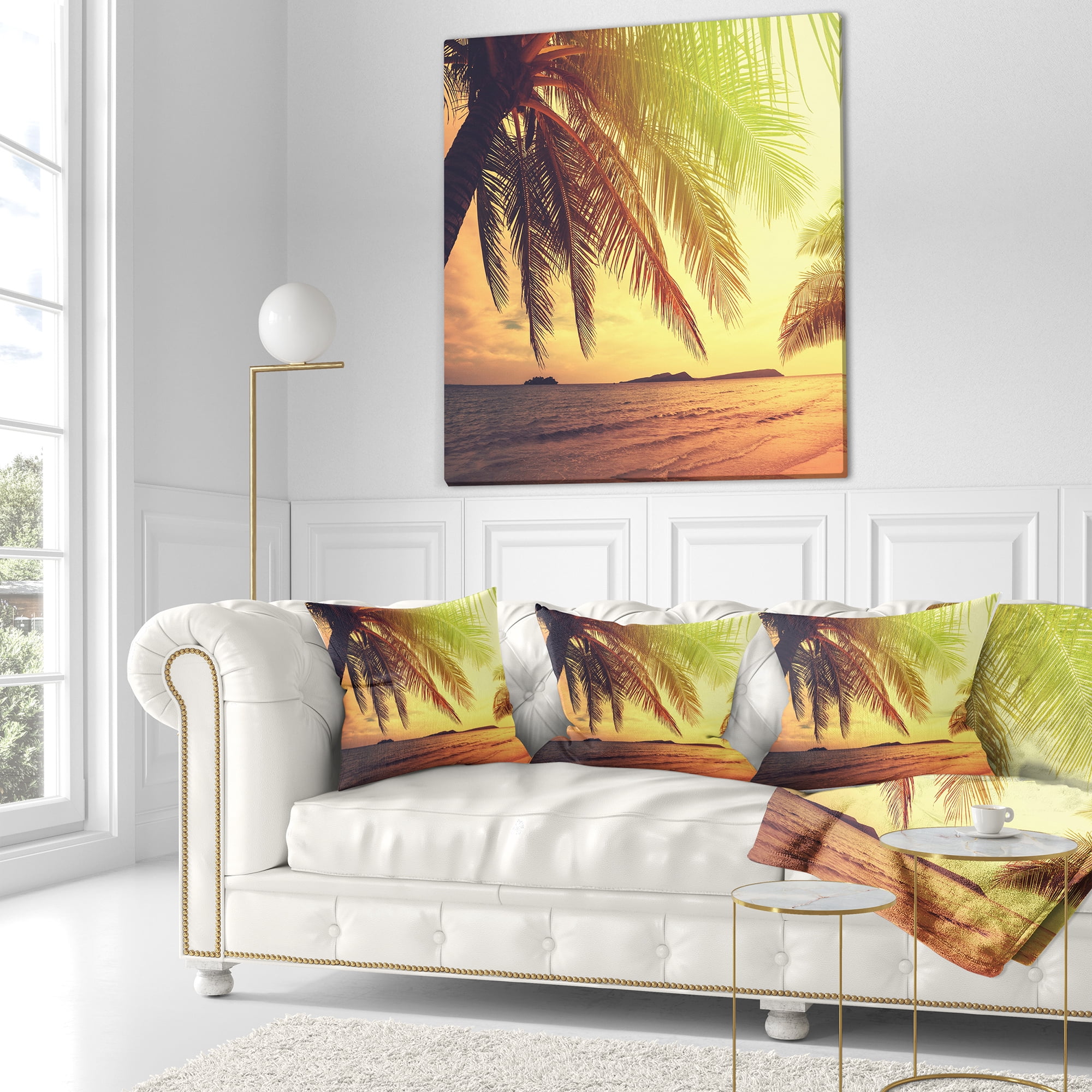Designart Tropical Beach with Green Palm - Seashore Throw Pillow - 18x18