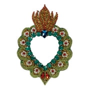 Craft Beaded Sacred Heart Patches Applique Sew on Crystal Mexican Heart Patches Decorated DIY Sew on 1 piece