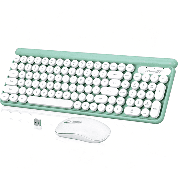 Wireless Keyboard and Mouse Combo, RaceGT Full-Size Typewriter Keyboard, 2.4G Silent USB Mouse, Quiet Cordless Cute Retro Round Keycaps Keyboard Mouse Set, for Mac Windows PC Laptop, LT400-Green