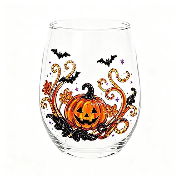 Halloween Stemless Glass Cups 4.72in Spooky Pumpkin Ghost Black Cat Print Drinkware, Festive Halloween Home Decor Holiday Gift