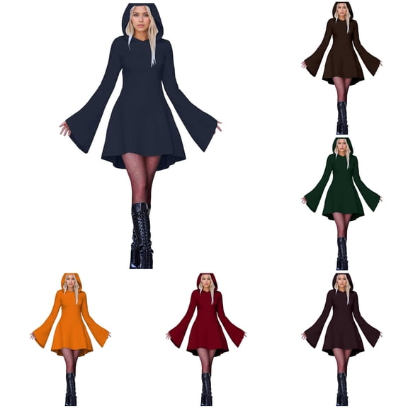 HNMKIU Halloween Clothes Women's Halloween Print Hooded Dress Long Sleeved Gown Dark Blue,L