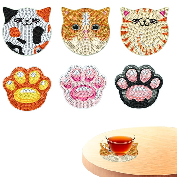 6pcs DIY Diamond Painting Coaster Kit with Cat Head and Paw Design, Includes Stand The Perfect Choice for Home Decor and Gifting