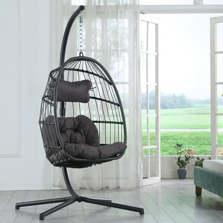 Brafab Swing Egg Hammock Hanging Chair Indoor Outdoor Patio Porch Lounge Bedroom Hand Made Wicker Rattan Chair with Steel Stand Aluminum Frame and UV Resistant Dark Gray Cushion