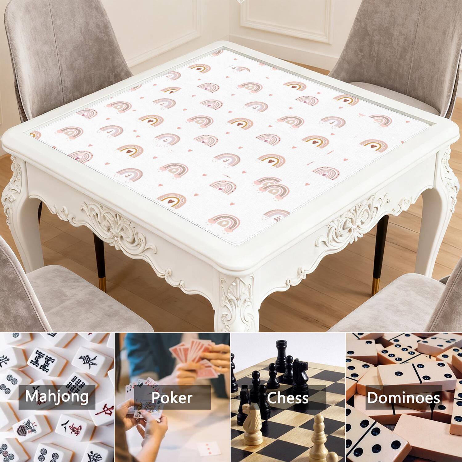 Boho Print Anti-Slip Rubber Game Table Mat 31.5 Inch Square Extra Large Mahjong Pad with Quiet Surface for Playing Tiles Cards and Family Fun