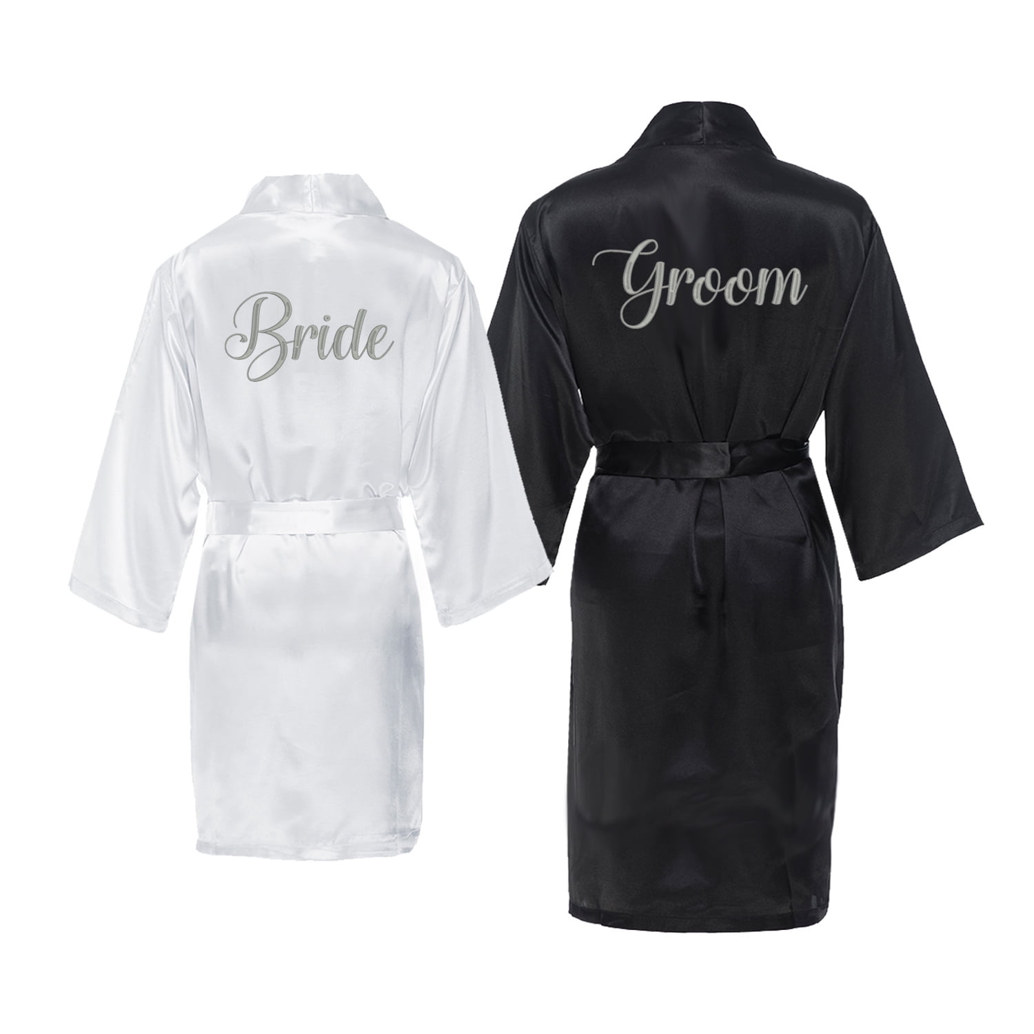 Bride and Groom Satin Robe Set with Silver Gray Embroidery for Wedding ...