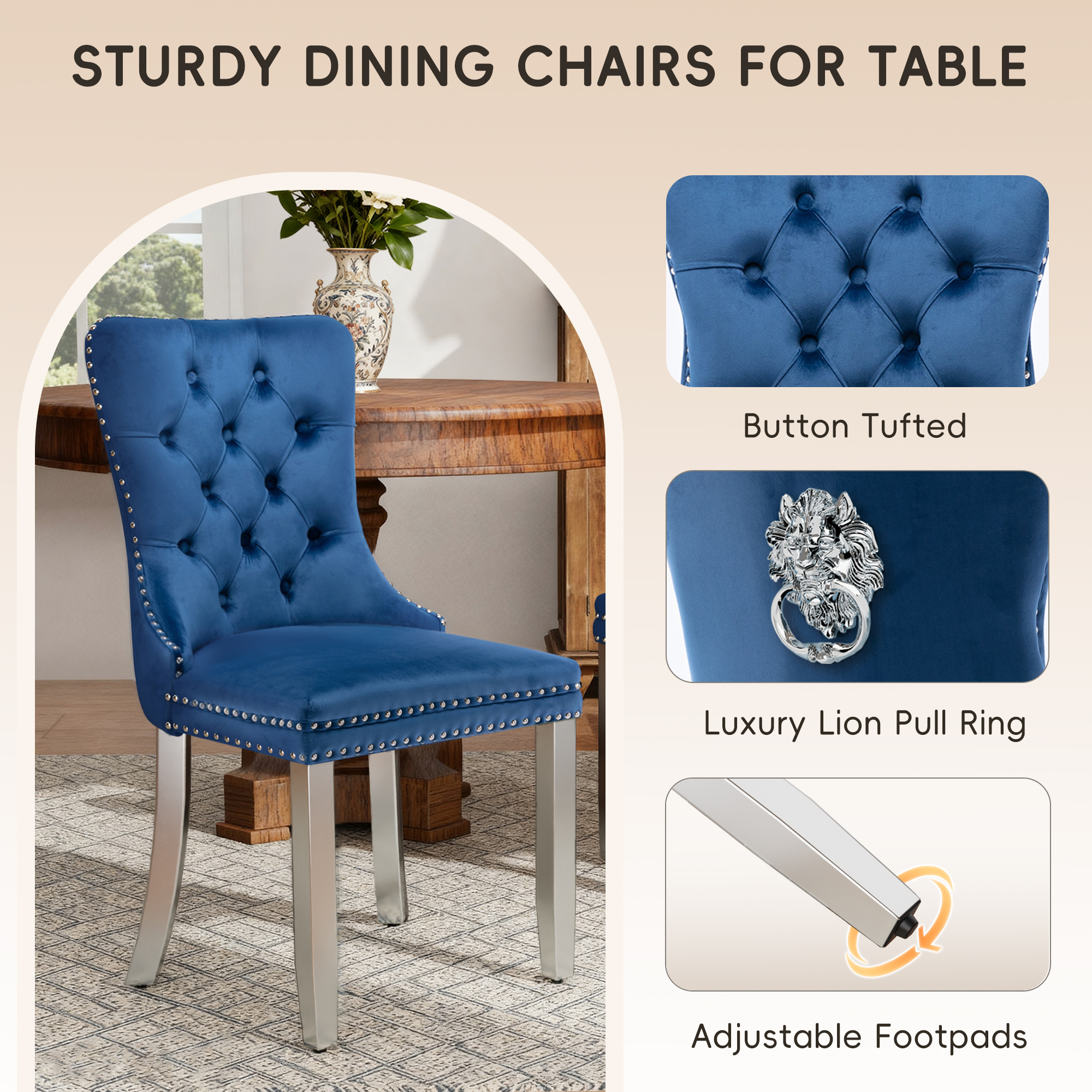 DONICK Velvet Upholstered Dining Chairs,Wing Back Side Chair Tuft Nailhead Ring Pull Metal Legs(Blue,Silver Legs,Set of 2)