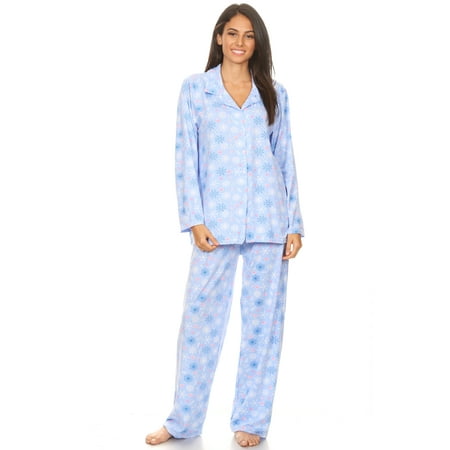 

Lati Fashion Women Sleepwear Pajamas Female Long Sleeve Button Down Pajamas set Blue M