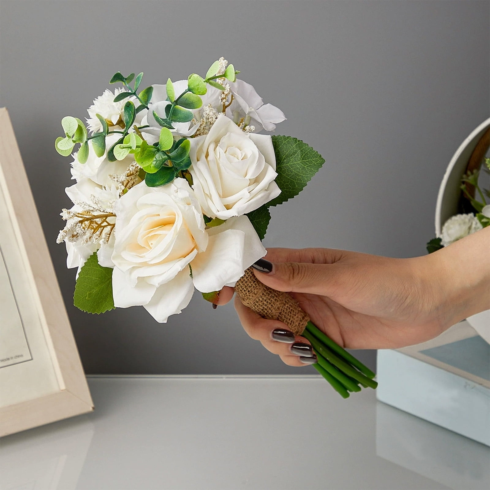 4 Packs Bride Bouquet Artificial Flowers for Wedding Bridesmaid Handheld Floral Arrangement Champagne Rose Fake Flowers for Bride Sister Group Matching Suit