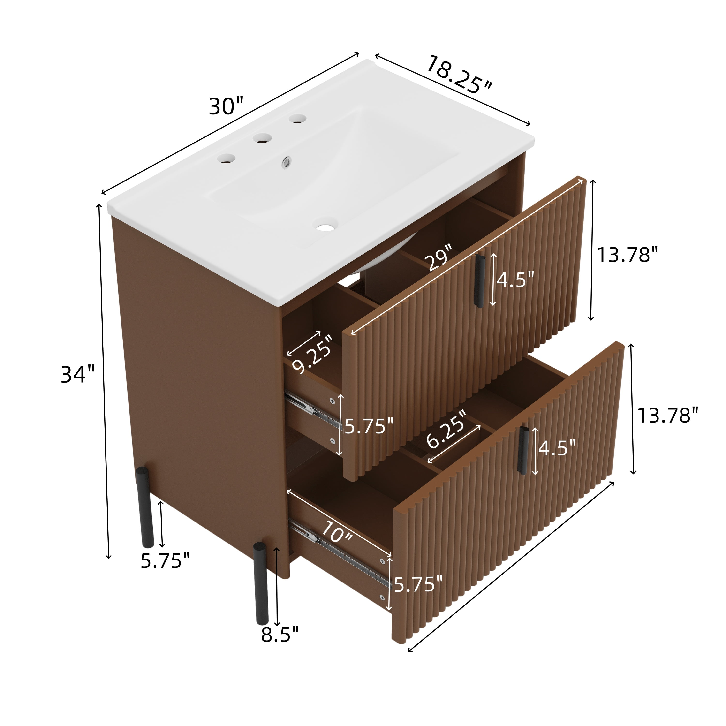 30" Fluted Design Modern Freestanding Vanity Cabinet, Modern Bathroom Cabinet with Soft Close Drawers, Freestanding Vanity with Ceramic Sink for Bathroom, Dark Brown