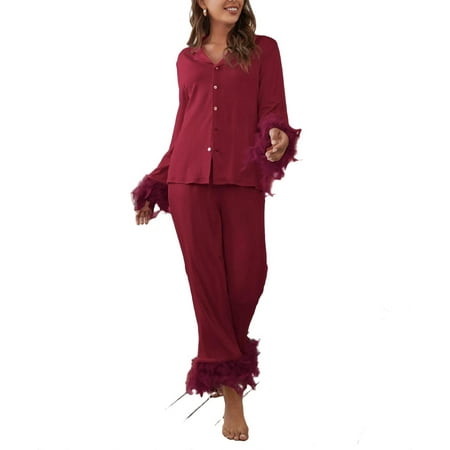

2pcs Set Elegant Solid Lapel Neck PJ Pant Sets Long Sleeve Burgundy Women s Pajama Sets (Women s)