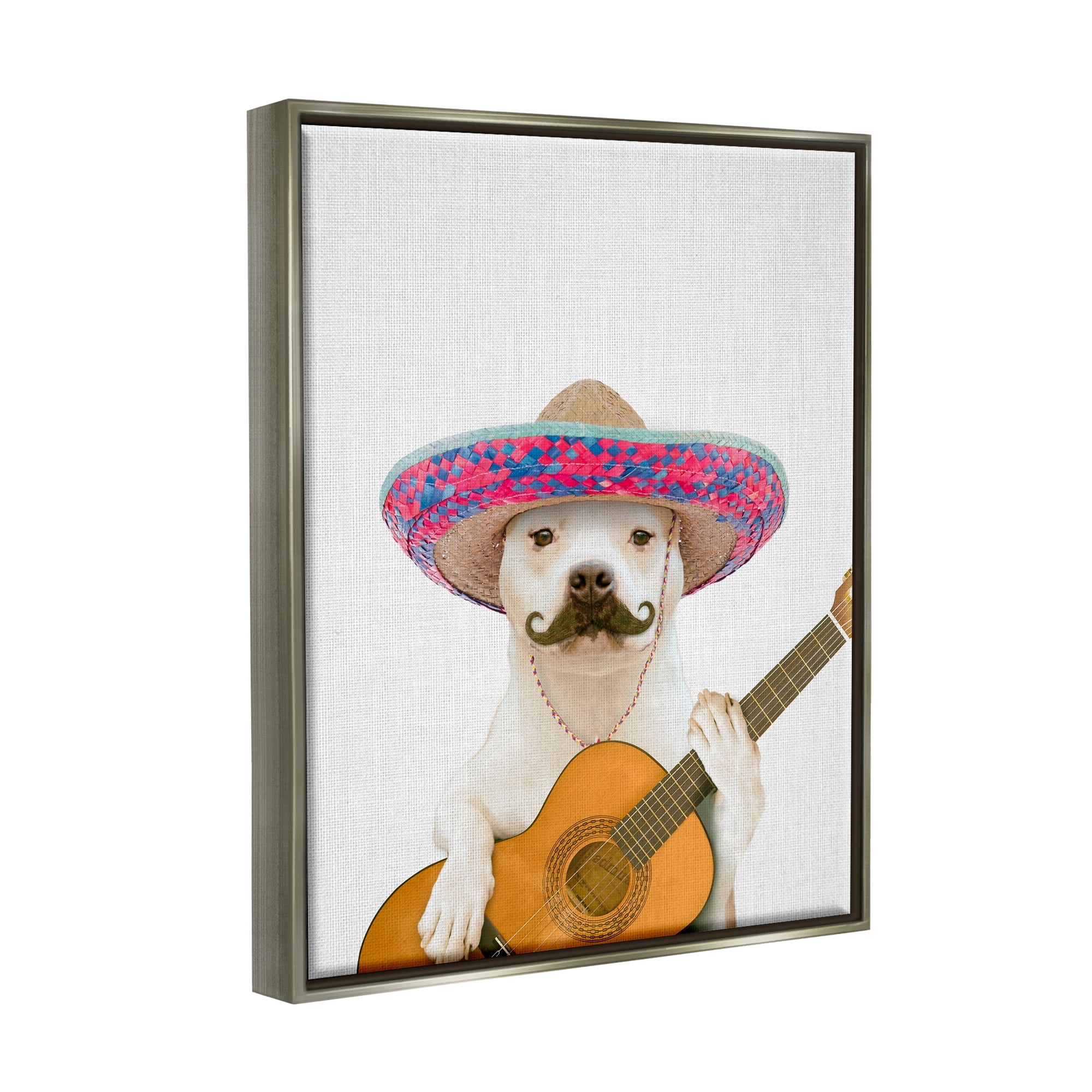 Stupell Industries White Pit Bull Dog Playing Guitar Mustache Sombrero Luster Gray Framed Floating Canvas Wall Art, 16x20, by Tai Prints