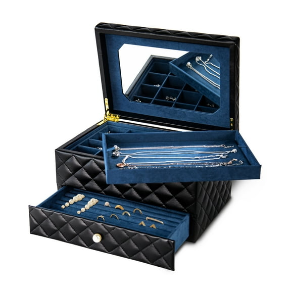 Jewelry Box for Women Girl Wife - Large PU Leather Jewelry Organizer Storage Case with Two Layers Display