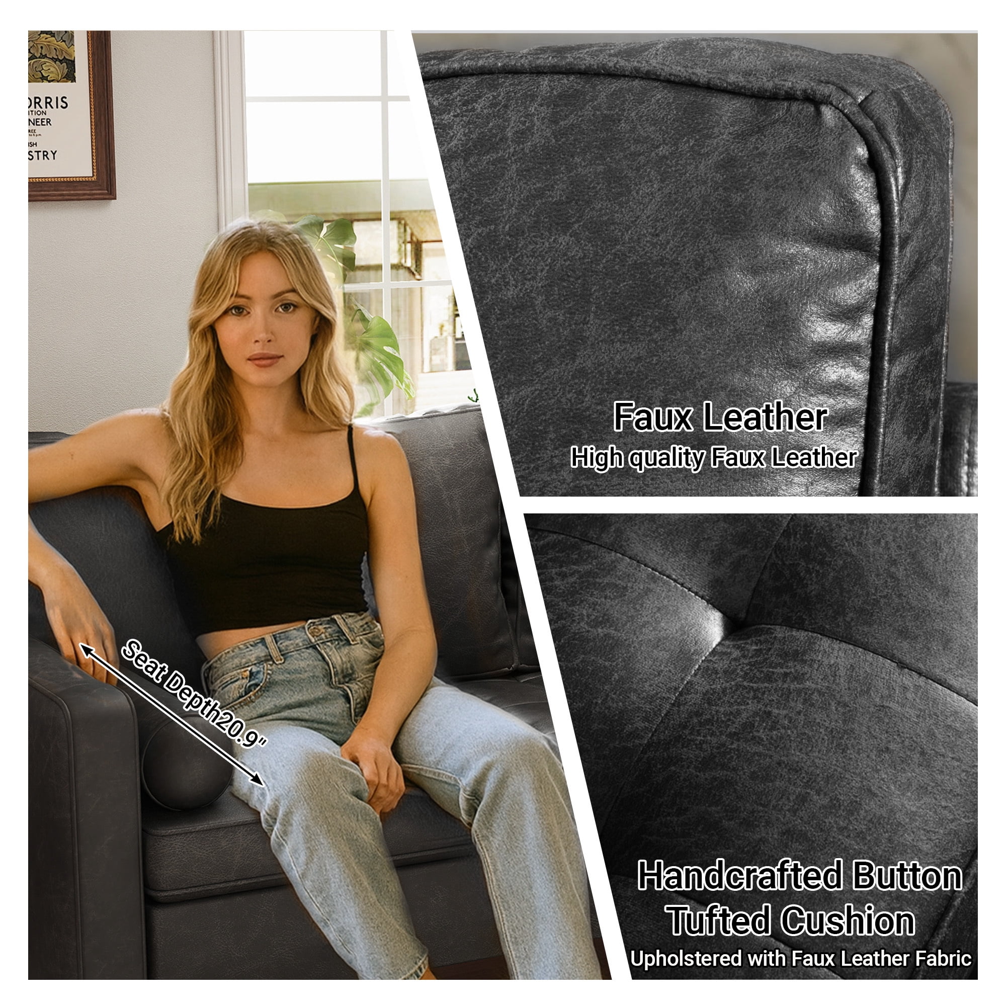 Koby Home 70" Loveseat Sofa with Wood Frame, Mid Century Modern Couch 2 Seater, Faux Leather Love Seat for Small Spaces Charcoal Black