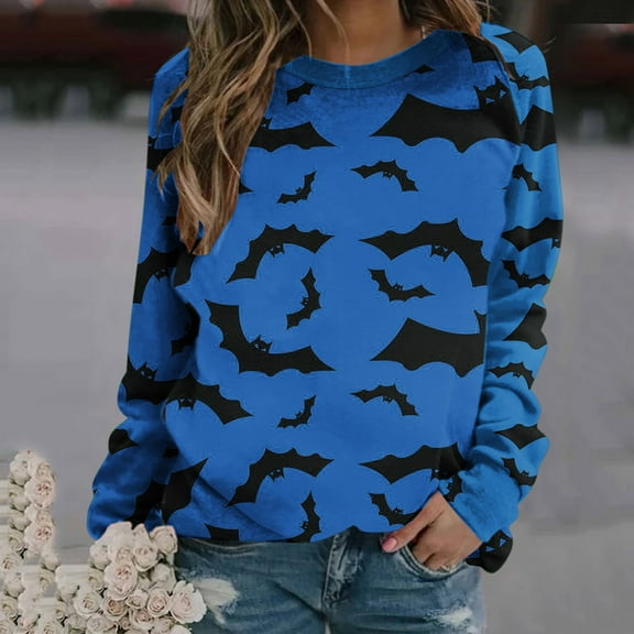 Neewe Women's Casual Crew Neck Sweatshirt Halloween Printed Loose Soft Long Sleeve Pullover Tops