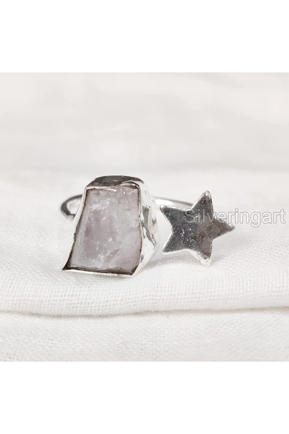 Natural Rose Quartz Ring, Rough Quartz Gemstone Ring, Star Adjustable Ring, 925 Sterling Silver, Womens Ring, Christmas, Thanksgiving, Handmade, Statement Jewelry, Rough Gemstone Jewelry