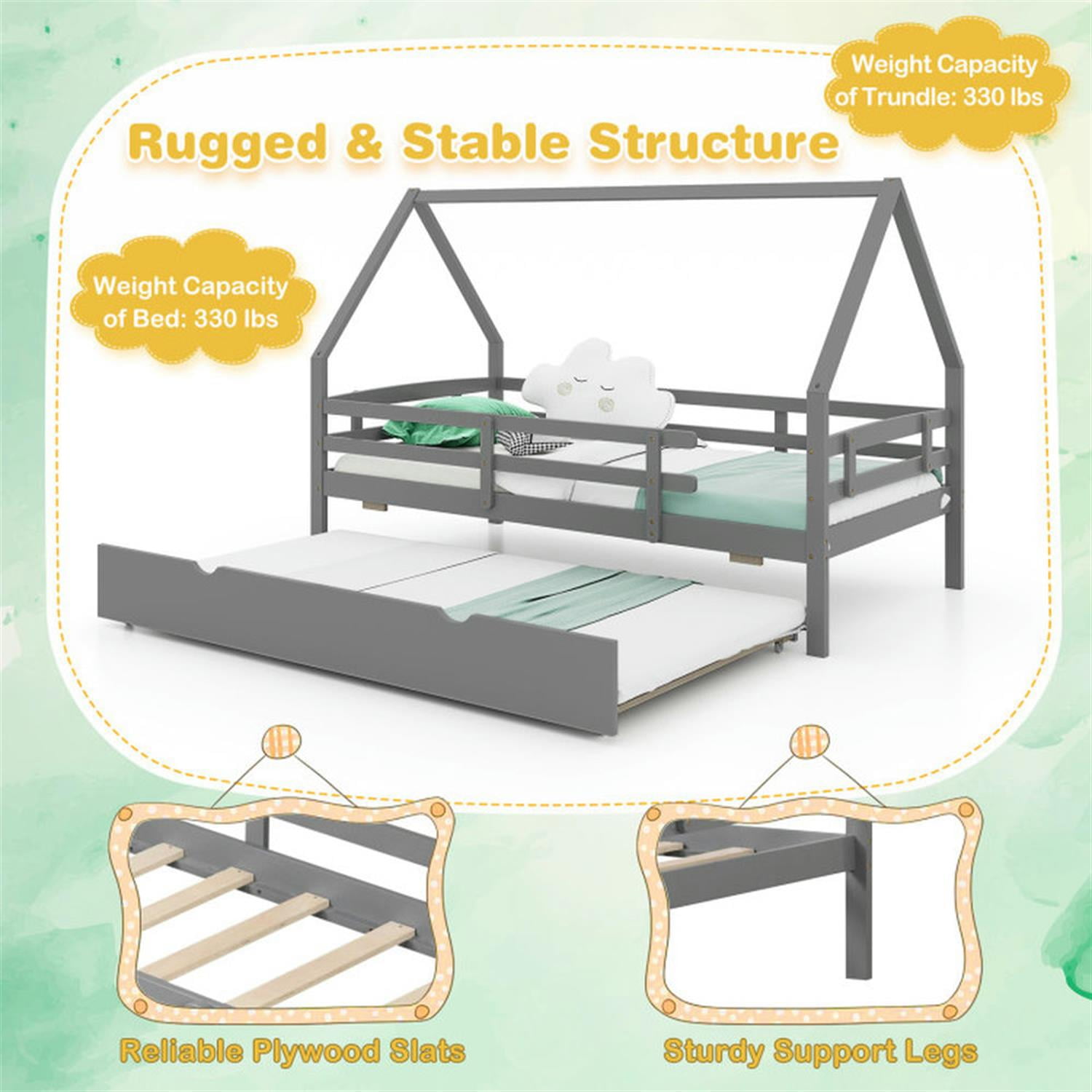 Demi Bonn Twin House Bed Frames with Trundle and Fence Rail, Modern Platform Bed Frames for Teens, Gray