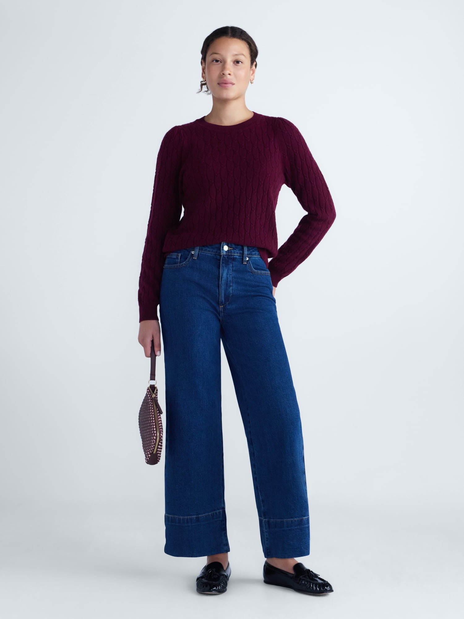 Free Assembly Women's and Women's Plus Cashmere Cable Knit Sweater with Puff Sleeves, Midweight, Sizes XS-4X