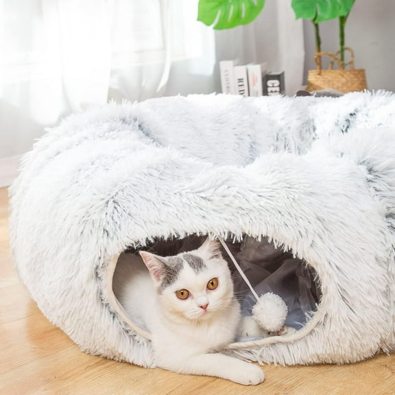 Collapsible Plush Cat Tunnel Bed with Fluffy Toy Ball, Cozy Donut Cave for Indoor Cats, Kittens, Puppies, Rabbits, and Ferrets, Gray
