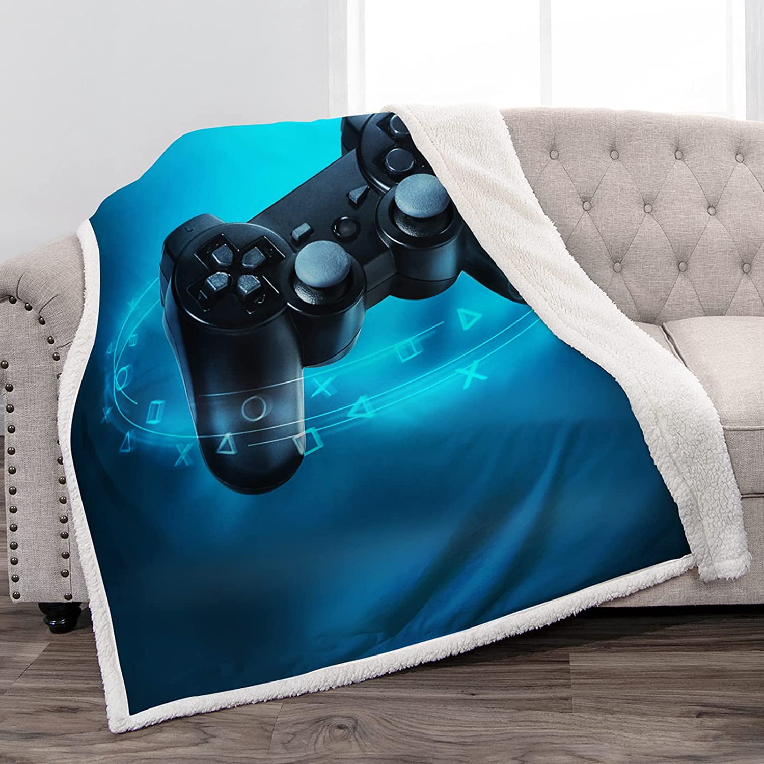 Gamepad Theme Throw Blanket Soft Warm Plush Gamer Video Games Controller Print Blue Sherpa
