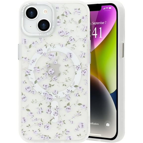 for iPhone 13 iPhone 14 Case for Women Girls, Compatible with MagSafe, Flower Pattern Cute Print Aesthetic Cover, Slim TPU Bumper Protective Case for iPhone 13 iPhone 14 (6.1"), White Floral