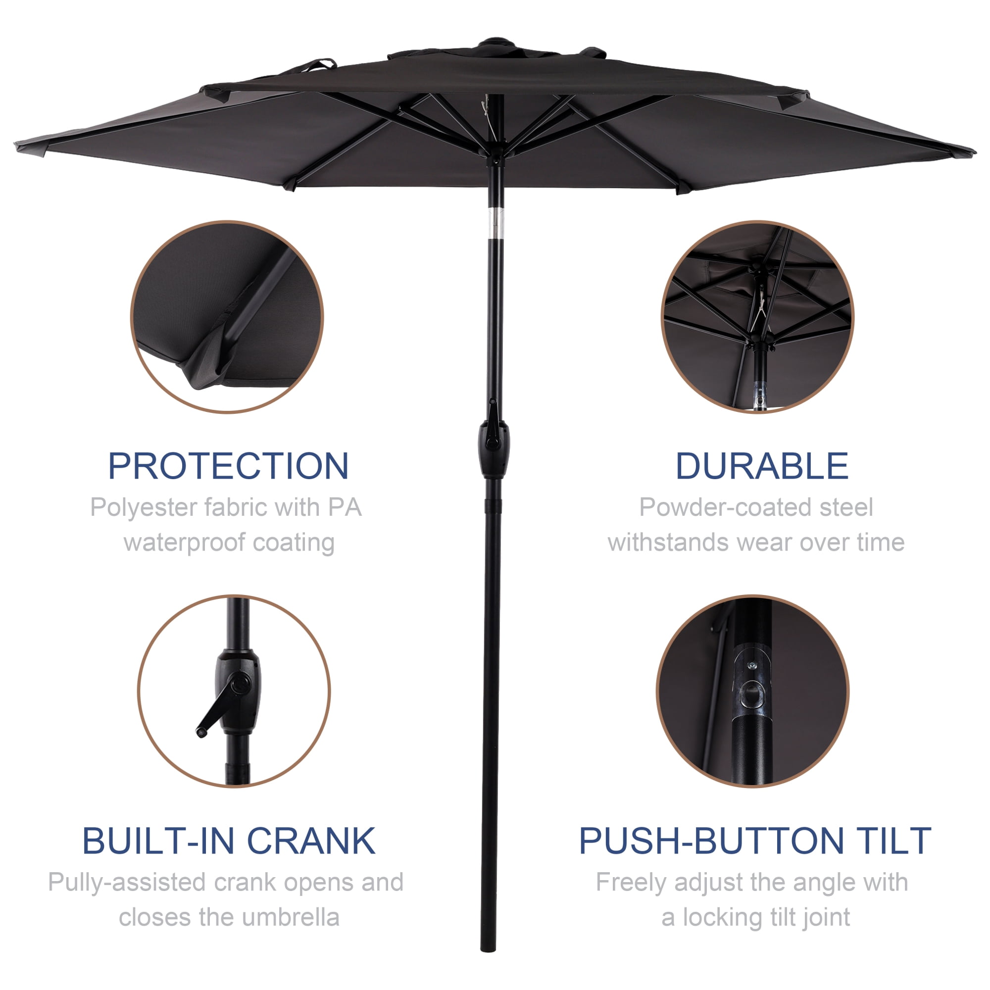 Leumius 7.5FT Patio Umbrella,Outdoor Market Yard Umbrella, Sun Shade Umbrella with Push Button Tilt and Crank Mechanism for Garden, Deck, Pool and Backyard, Not Include Umbrella Base,Gray