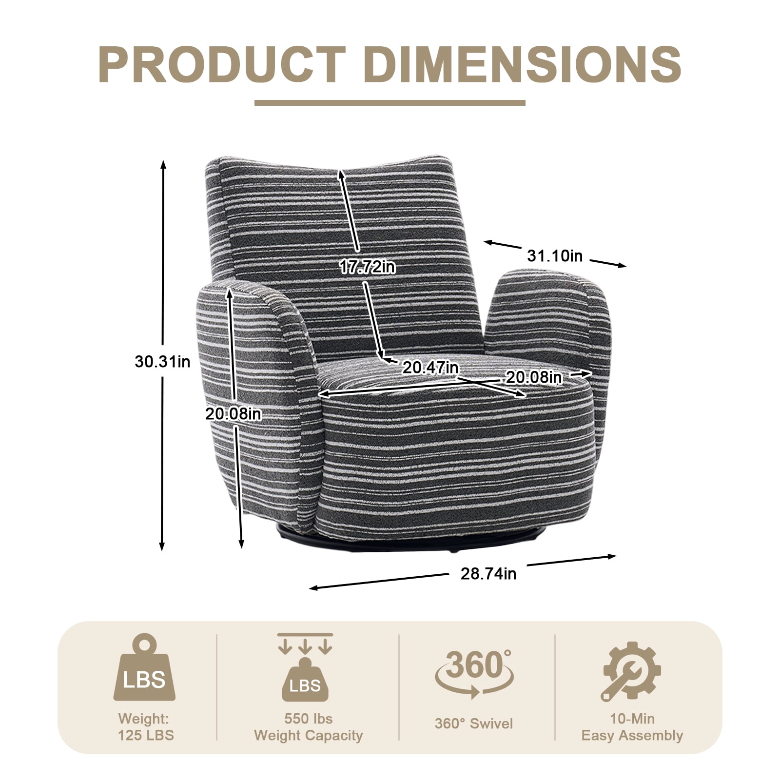 MOONMISS 360° Swivel Leisure Accent Chair with Striped Armrest, Sand-rimmed Fabric and Metal Base, Modern Style Armchair with Thick Cushion for Living Room, Bedroom and Balcony, Dark Gray