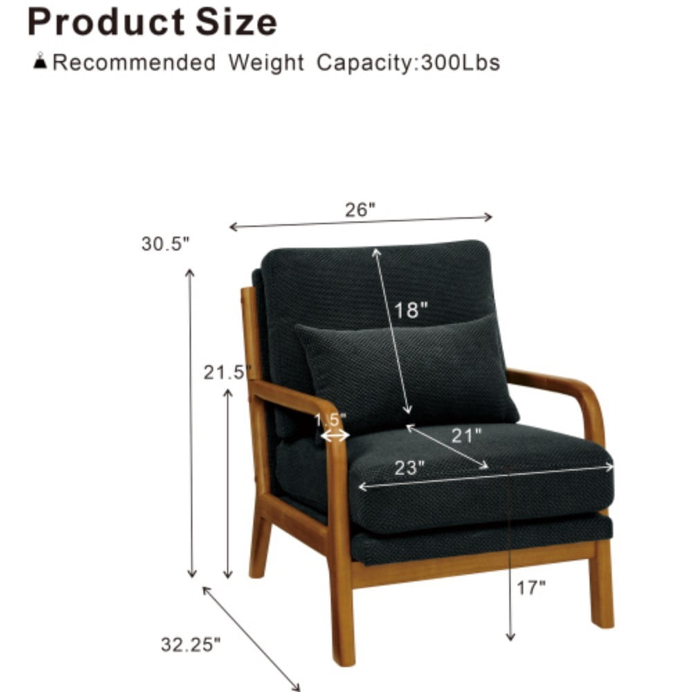 Wooden Lounge Chair, Modern Upholstered Accent Chair with Solid Wood Armrests, High-Density Foam Cushion, Reclined Backrest for Living Room, Bedroom & Office, Dark Gray