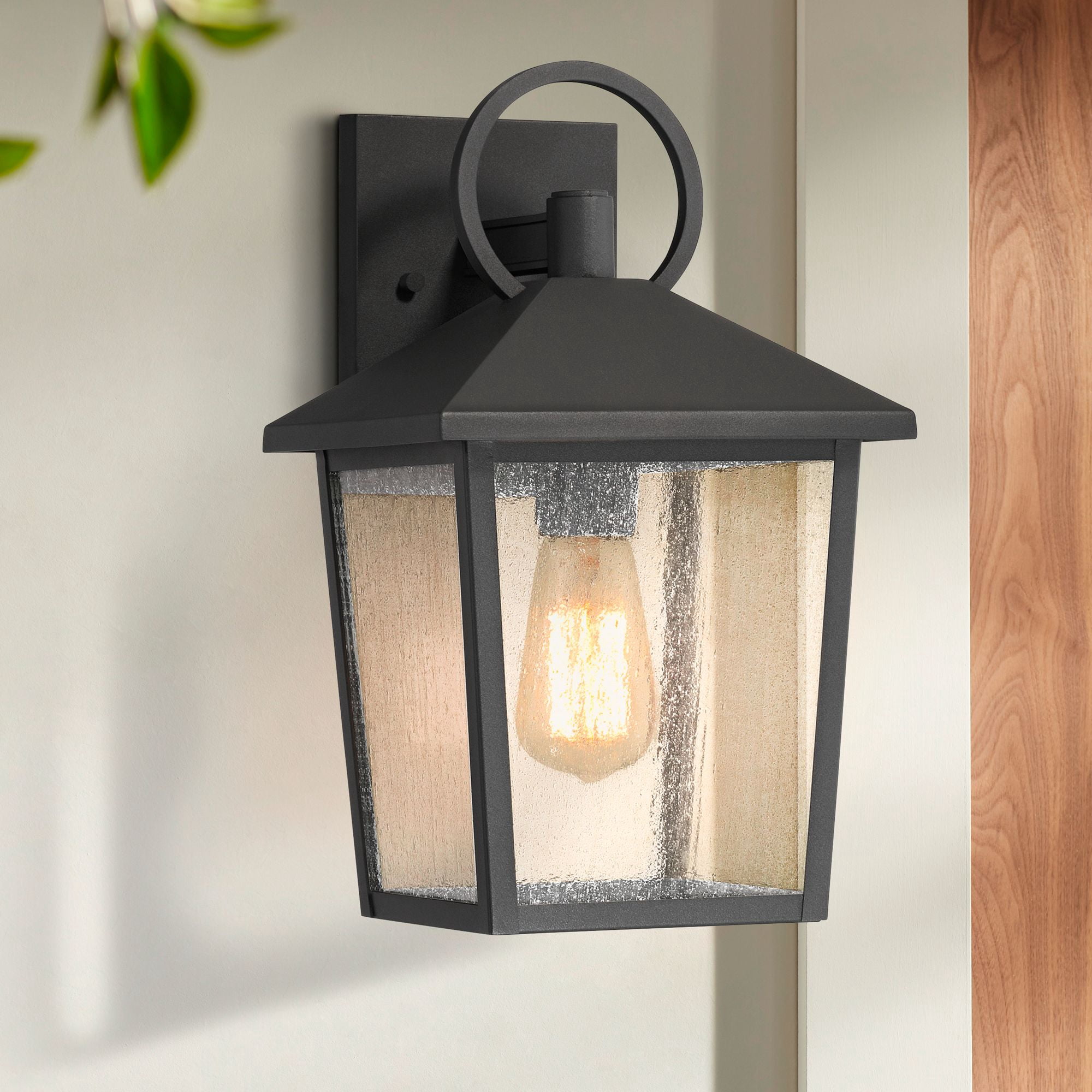 John Timberland Westmont 13 3/4" High Modern Outdoor Wall Light Fixture Mount Porch House Set of 2 Sand Black Aluminum Glass Shade