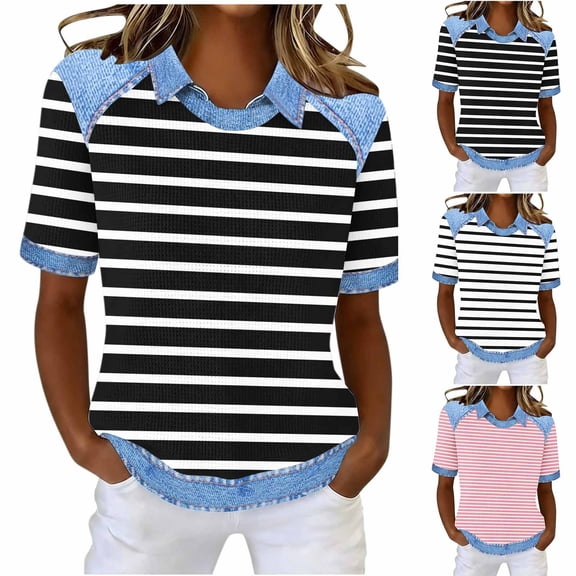 Feancey Striped T Shirts for Women Denim Contrast Collar Waffle Knit Tops Loose Fit Casual Daily Wear Tees Comfy Soft Summer Blouse Pink XL