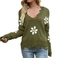 thumbnail image 2 of Green Sweaters for Women's Ripped Long Sleeved Loose Knit Sweater with Small Flower V Neck Pullover Womens Fall Fashion 2025, 2 of 6