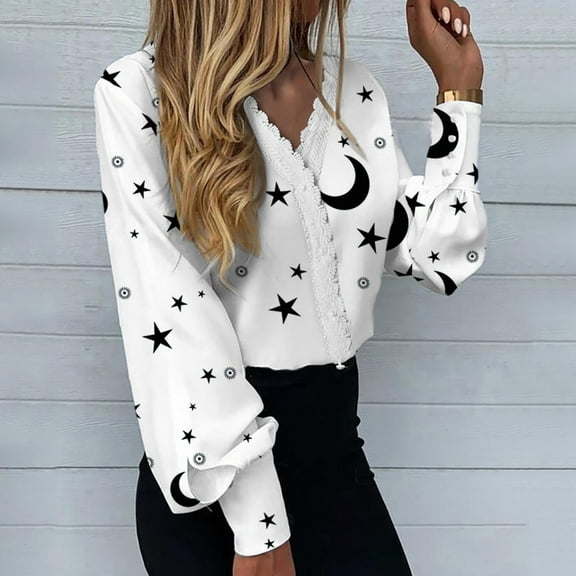 Gerichy Women Tops Dressy Casual Long Sleeve, Womens V Neck Lace Shirts Puff Sleeve Button Down Casual Floral Stars Print Blouses Tops Elegant Work Office Business Tunics Fall Female