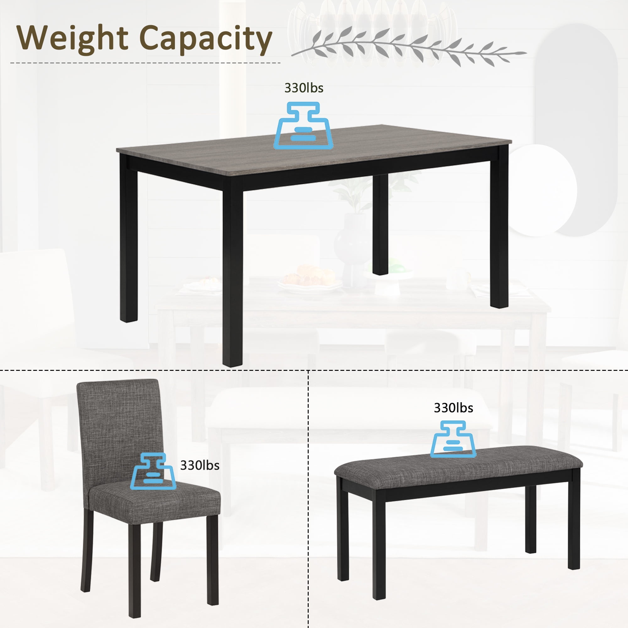 PORKISS Dining Table Set for 6, Farmhouse Dining Table Set with 4 Upholstered Chairs and Bench, Wood Rectangular Counter Dining Set of 6 People for Kitchen, Dining Room, Gray