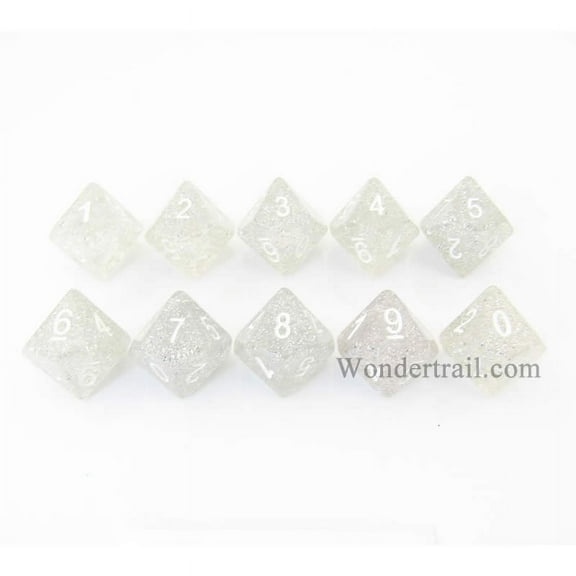 Clear Glitter Dice with White Numbers D10 16mm (5/8in) Pack of 10 Koplow Games