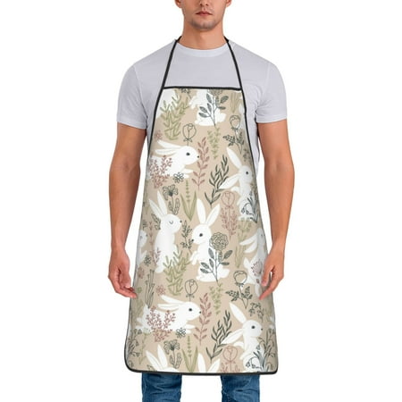 

Aprons for Men Women - Bohemian Flower Cute Rabbit White Cooking Kitchen Apron Chef Apron Waterproof Apron for Painting Pottery Baking BBQ Gardening Salon Gift For women Men