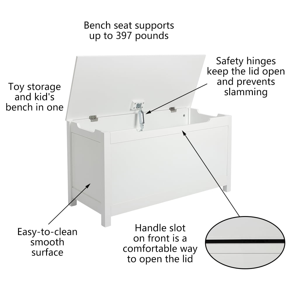 SESSLIFE White Bench Top Toy Box, Toy Storage Box Organizer, Entryway Bench with Lift Top, Toy Storage Chest with 2 Safety Hinges