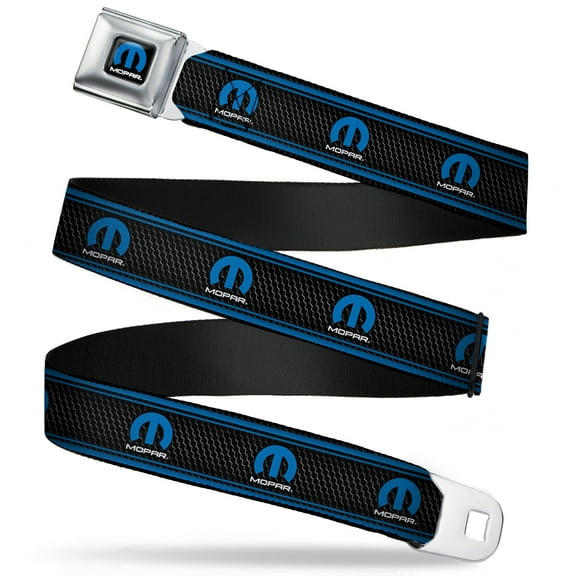 Mopar Belt, Seatbelt Buckle Belt, Mopar Logo Stripe Grill Black Grays Blues, 30 to 44 Inches
