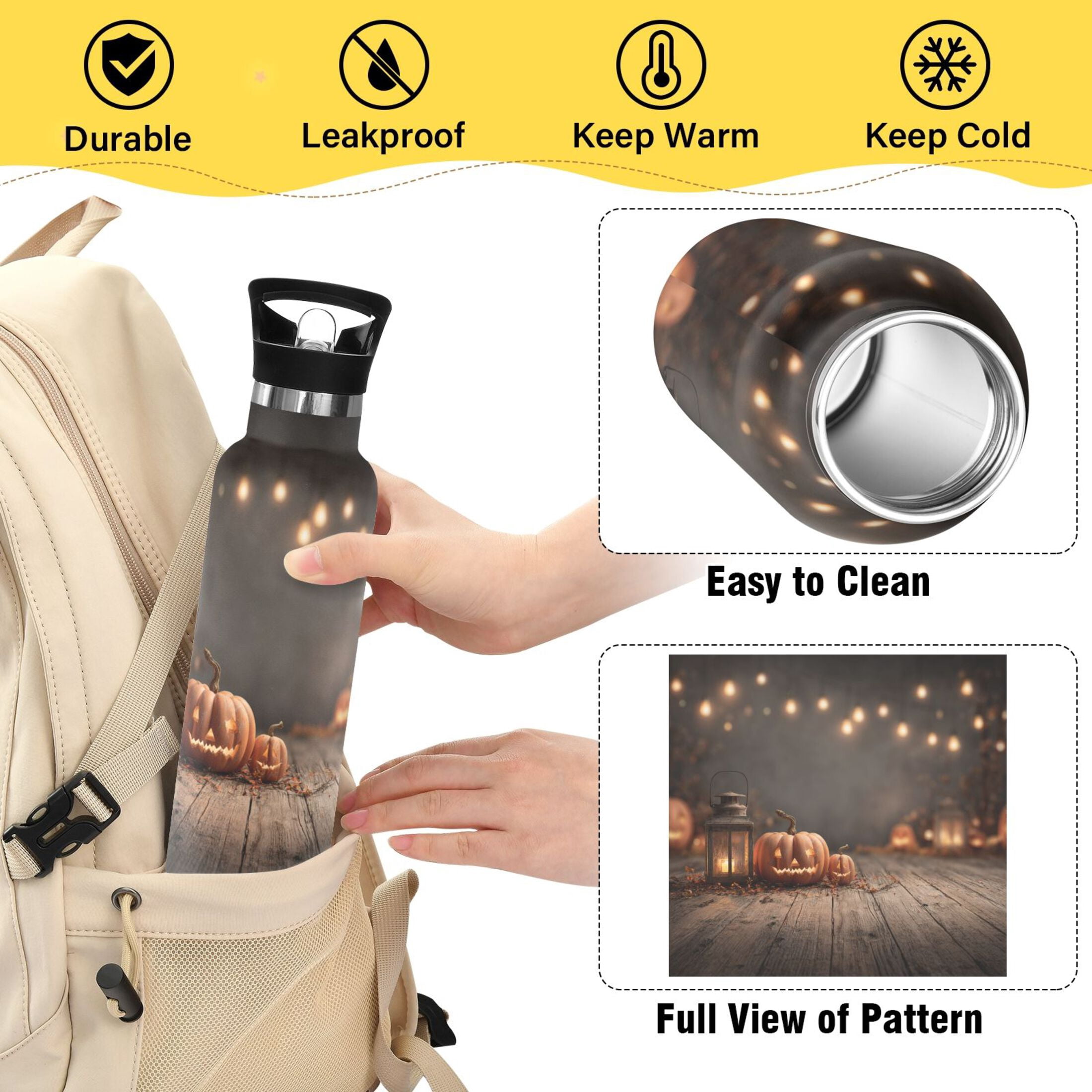 Kids Insulated Stainless Steel Sports Water Bottle 600ml (20oz) Pumpkins and Lanterns