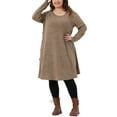 thumbnail image 2 of Plus Size Long Sleeve Dress for Women 2025 Fall Fashion Buttons Side Crew Neck Knit Tunic Dress with Pockets 1X Brown, 2 of 7
