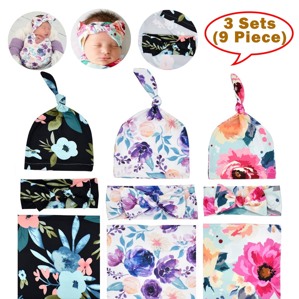 Homaful 3 Set-9 Piece Newborn Floral Swaddle Blanket Purple Flower Rose Baby Receiving Blanket with Headband Soft and Stretchy Infant Swaddle Wrap Blanket for Baby Girl