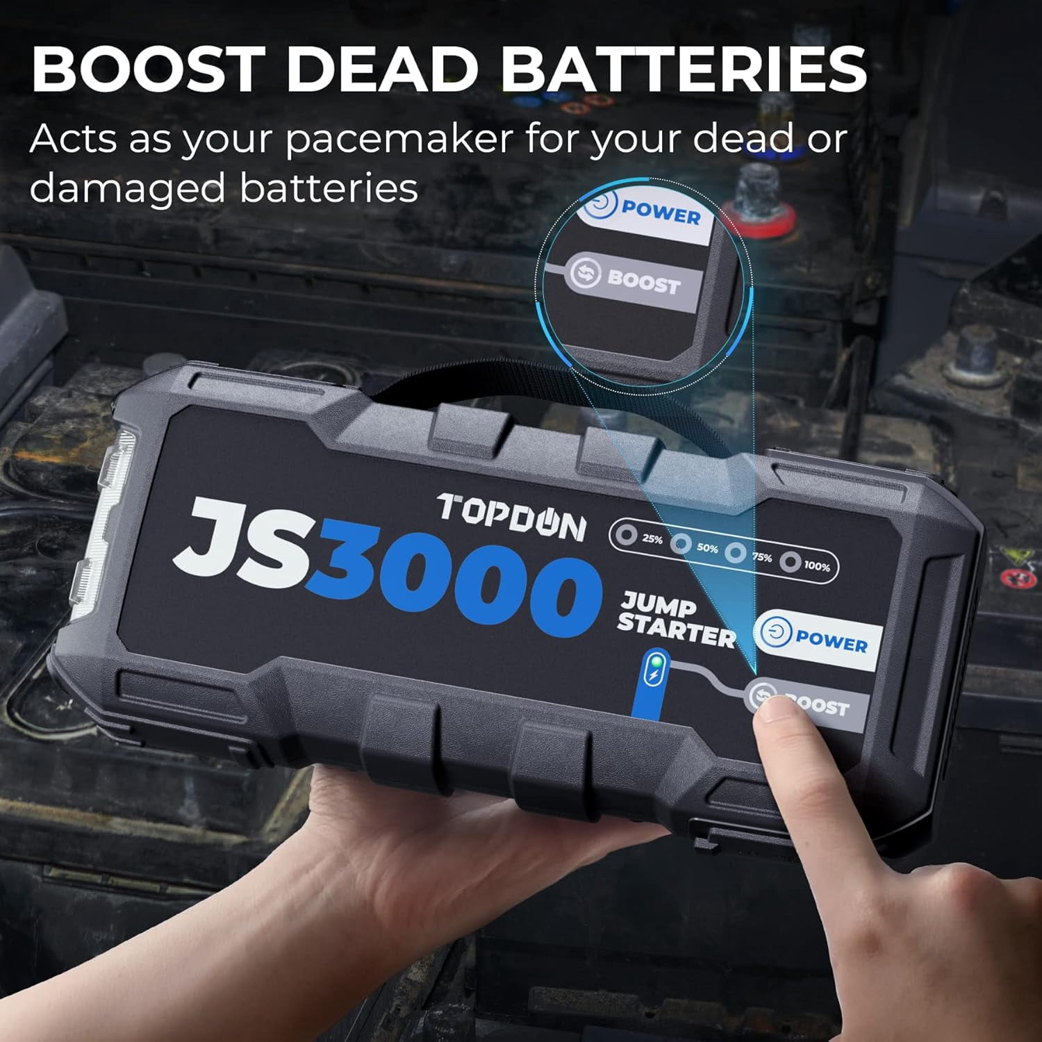 TOPDON JS3000 12V 3000A Jump Starter - Battery Booster for 9L Gas & 7L Diesel, Portable Car Battery Charger